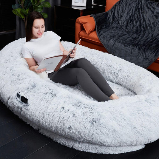 Trelsanopaws Oversized Faux Fur Human Pet Bed with Phone Pouch - Junior Size (132 x 80 x 25 cm)