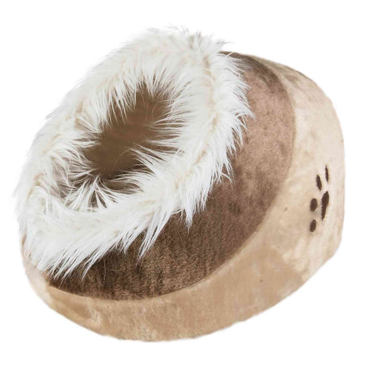 Trelsanopaws Minou Cat Cave - Cosy Bed with Reversible Cushion & Plush Cover (41 x 30 x 50 cm, Beige/Brown)