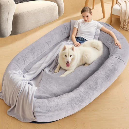 Trelsanopaws Human Dog Bed for Adults & Pets - Extra Large Beanbag with Washable Faux Fur, Blanket & Pillow (71" x 45" x 14", Grey)
