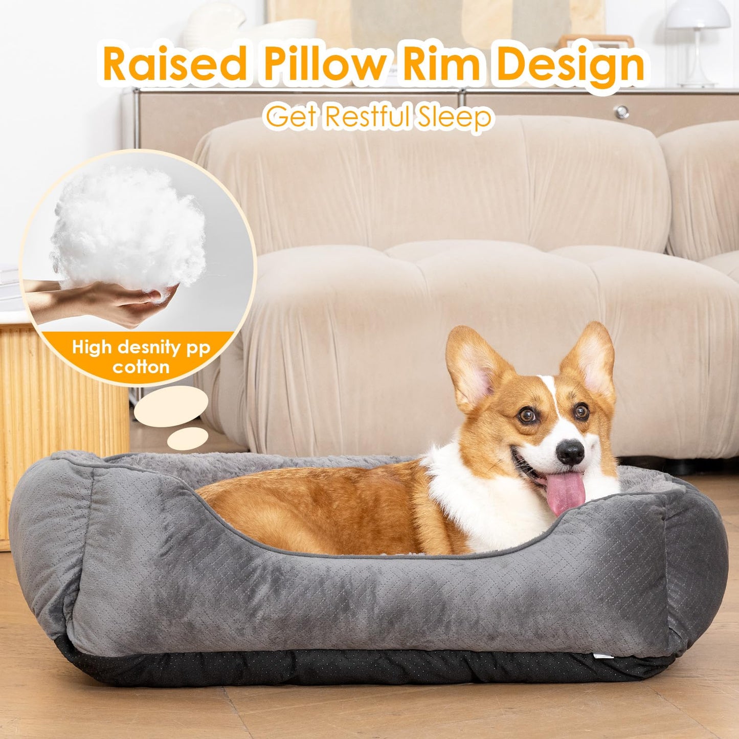 Trelsanopaws Medium Dog Bed - Super Soft Washable Pet Bed with Anti-Slip Bottom & Anti-Anxiety Feature (25 x 21 x 8 inch, Grey)