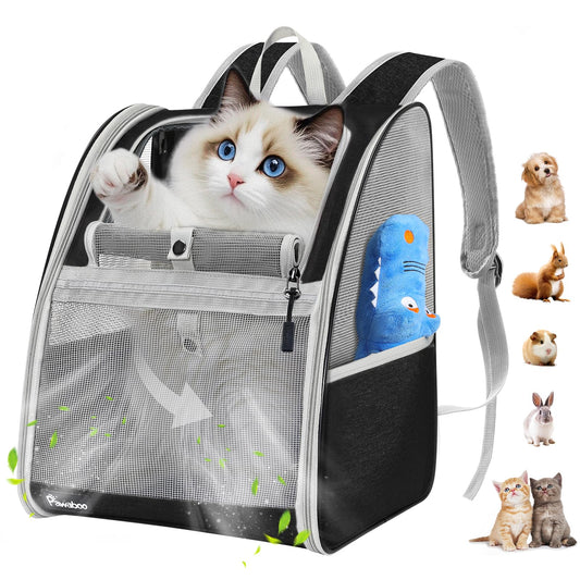 Pawaboo Cat Carrier Backpack, Dog Carrier Backpack with Breathable Mesh, 2023 Upgraded Steel Frame Pet Carrier Backpack Puppy Carrier for Travel, Cat Backpack for Small Dogs Cats, Black (up to 10KG)