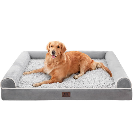 Trelsanopaws Large Orthopedic Dog Bed - Washable with Removable Cover & Waterproof U-Shape Bolster (106 x 76 x 19 cm, Grey)