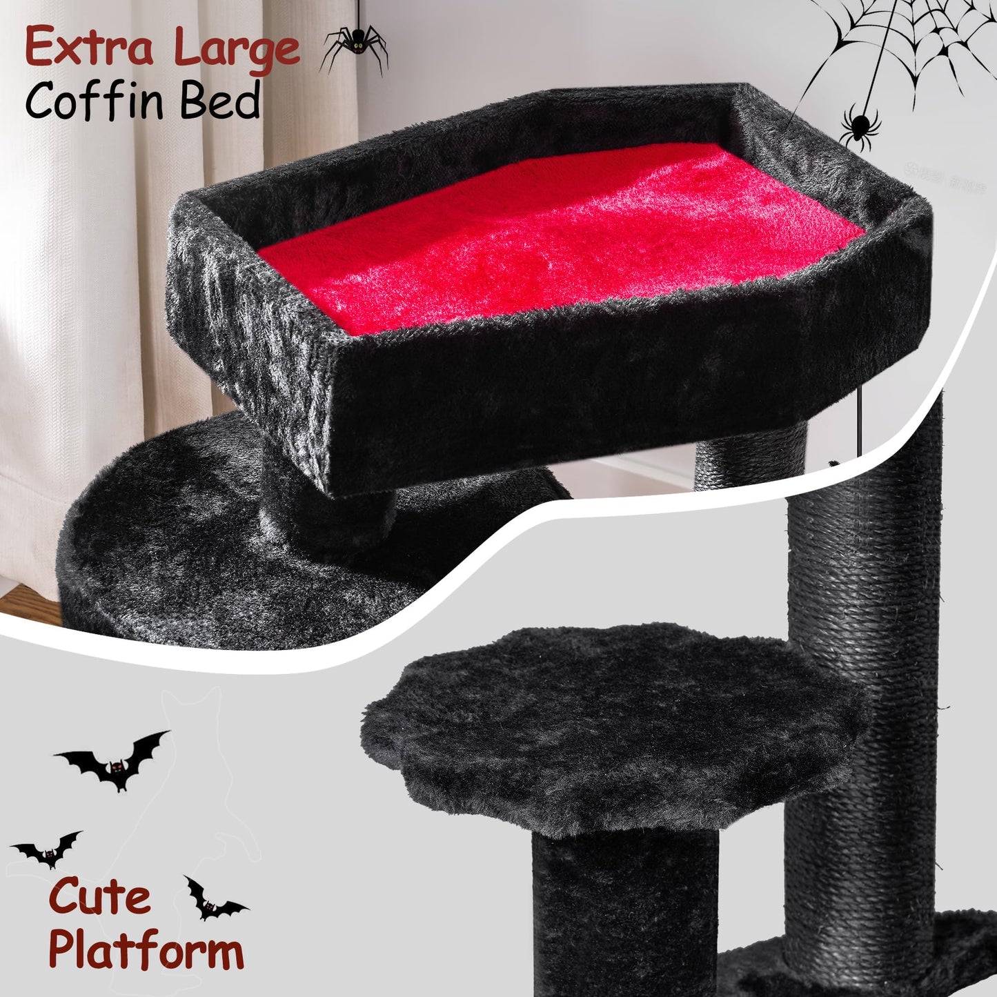 BEWISHOME Gothic Cat Tree With Coffin Bed, Goth Tower, Condo, Scratching Post, Spider Hanging Ball - Black Red Halloween Kitten Pet Furniture MMJ93R