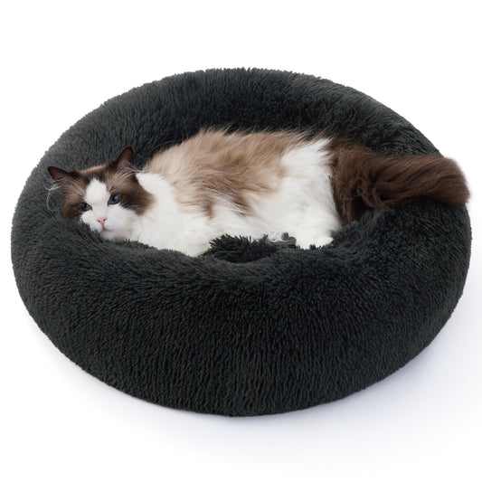 Trelsanopaws Large Cat Donut Bed - Fluffy Calming Anti-Anxiety Bed for Small Dogs & Cats (50 x 50 x 13 cm, Dark Grey)