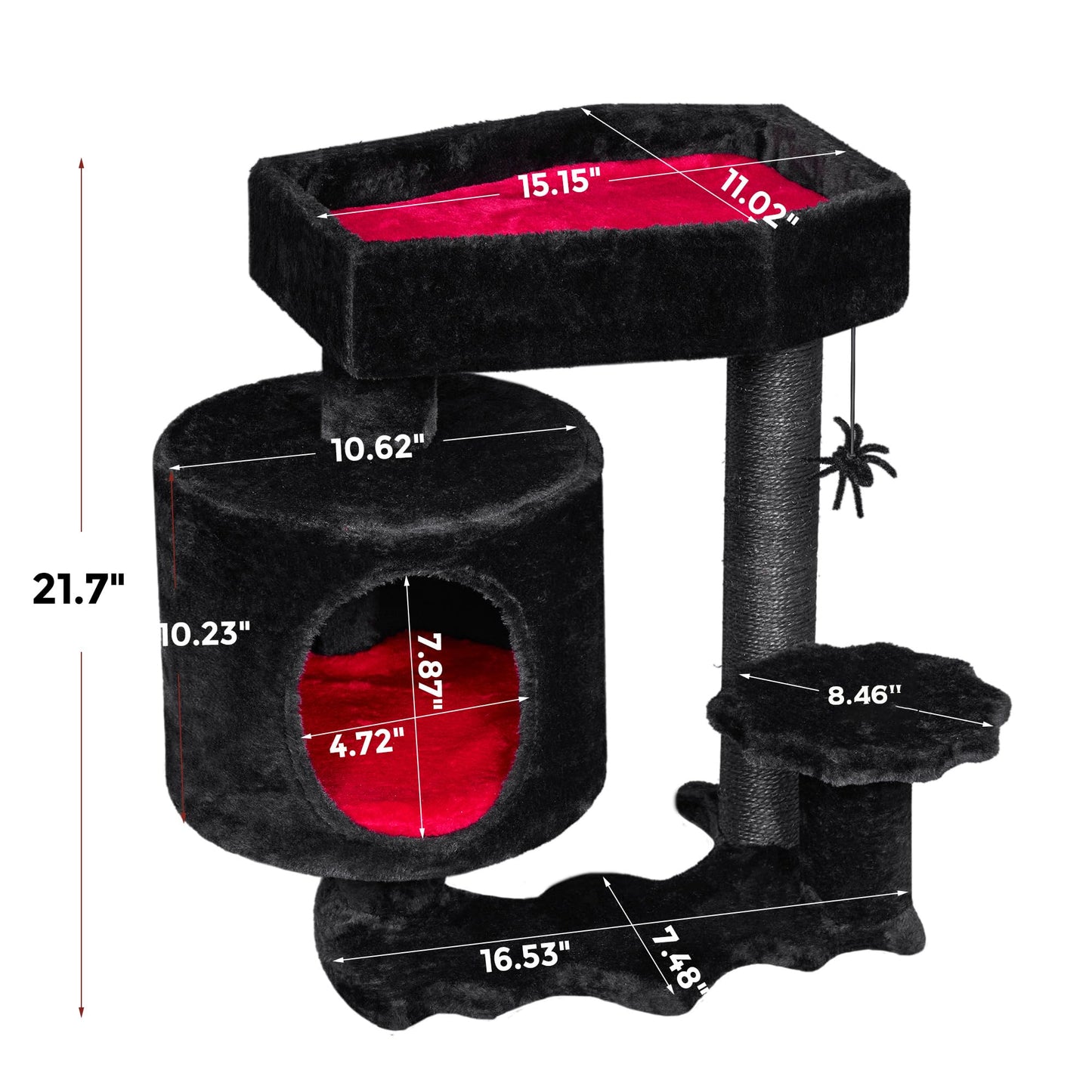 BEWISHOME Gothic Cat Tree With Coffin Bed, Goth Tower, Condo, Scratching Post, Spider Hanging Ball - Black Red Halloween Kitten Pet Furniture MMJ93R