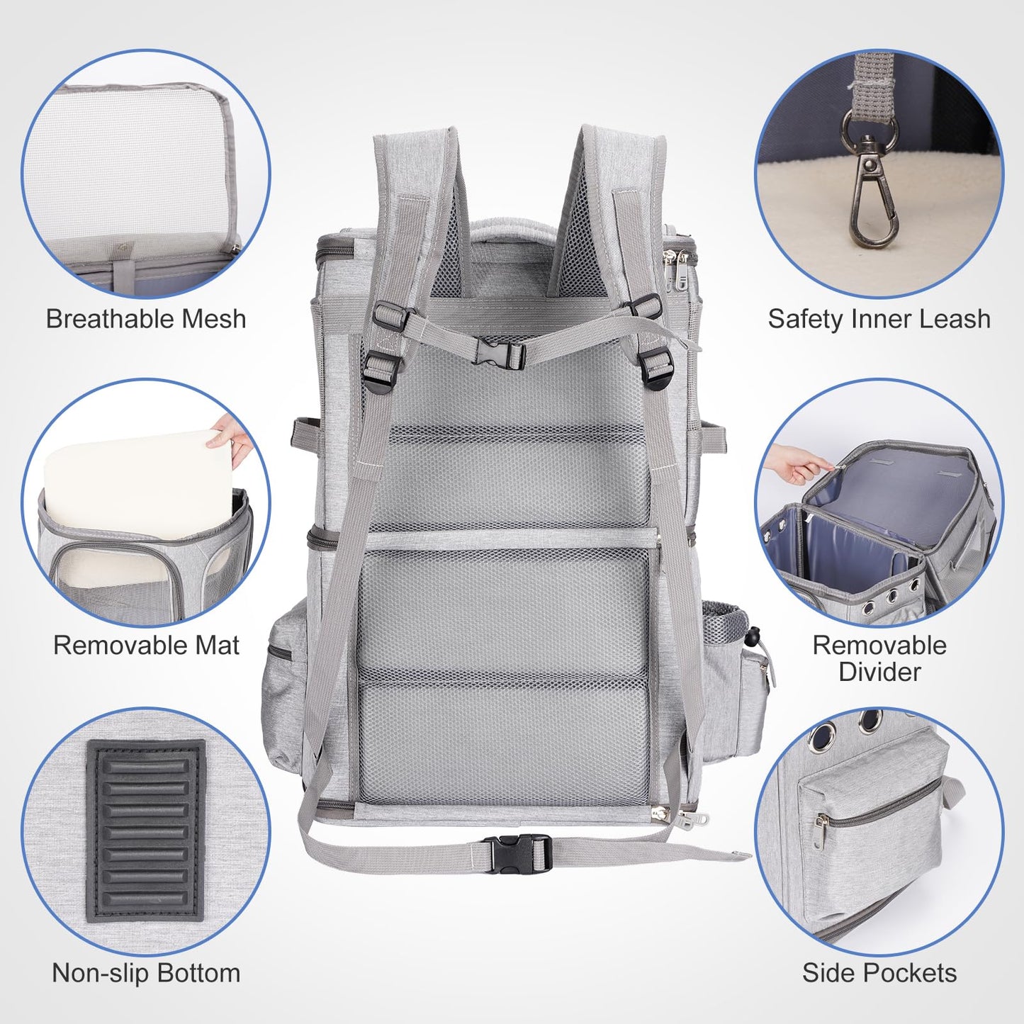FASNATI Double-Compartment Pet Carrier Backpack, Cat Carrier Backpack for 2 Cats, Small Dogs, Perfect for Traveling/Hiking/Camping, Grey, XL