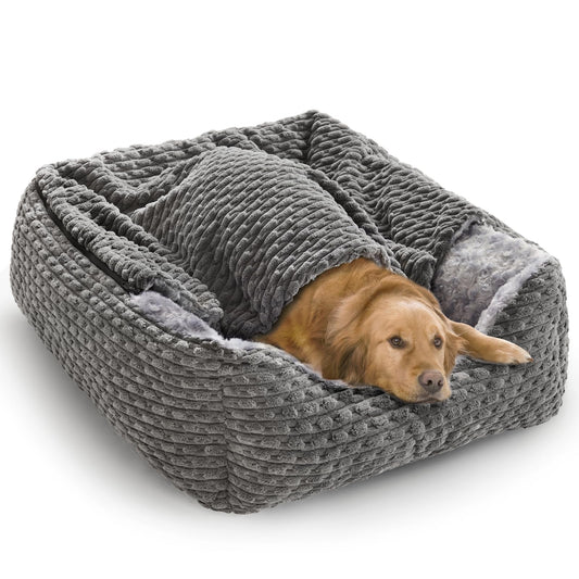 Trelsanopaws Extra Large Dog Bed - Hooded Pet Cave with Soft Rose Fluff, Non-Skid Bottom (90 x 65 x 23 cm, Grey)