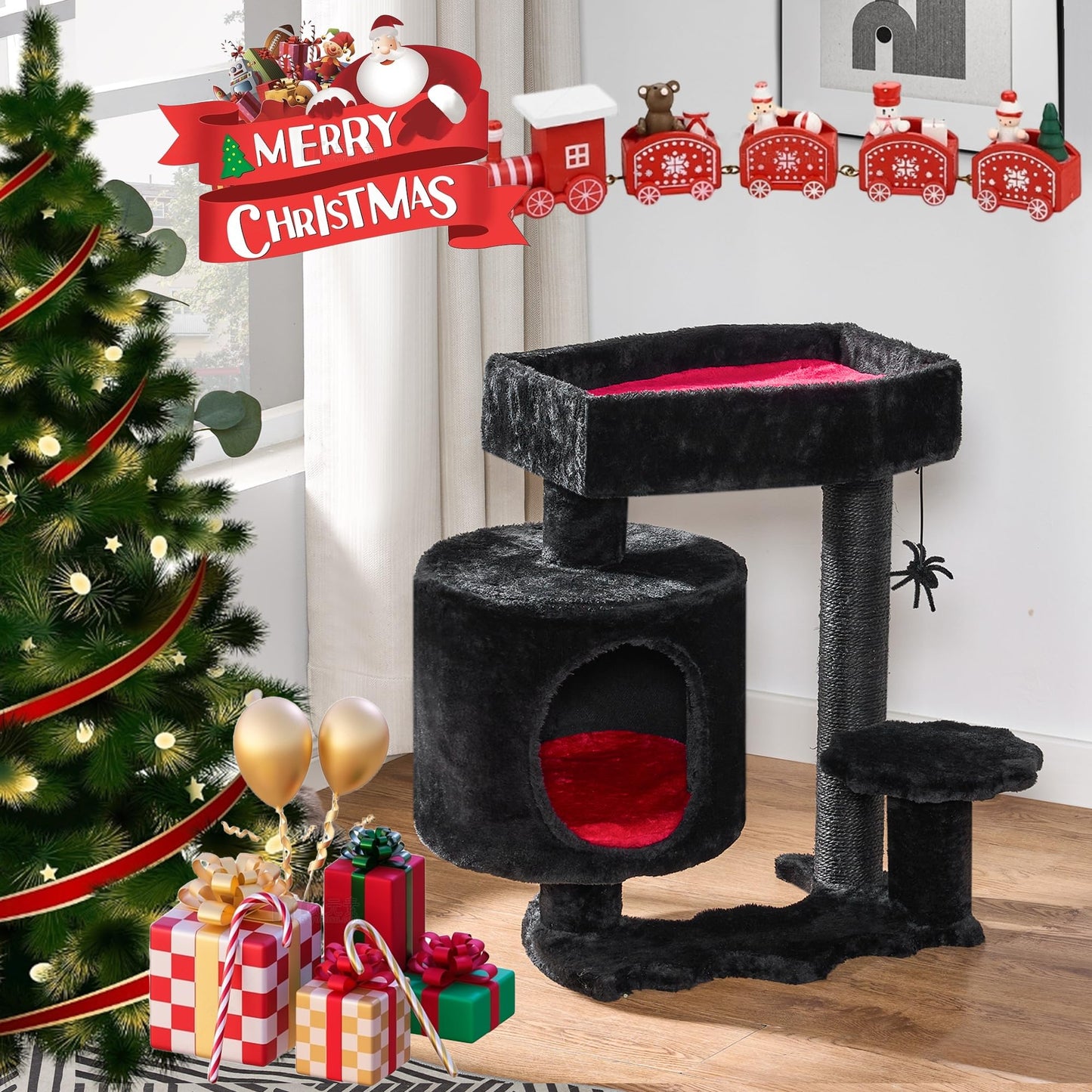 BEWISHOME Gothic Cat Tree With Coffin Bed, Goth Tower, Condo, Scratching Post, Spider Hanging Ball - Black Red Halloween Kitten Pet Furniture MMJ93R