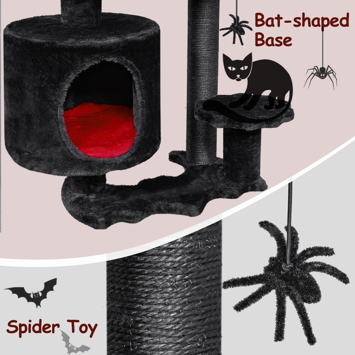 BEWISHOME Gothic Cat Tree With Coffin Bed, Goth Tower, Condo, Scratching Post, Spider Hanging Ball - Black Red Halloween Kitten Pet Furniture MMJ93R