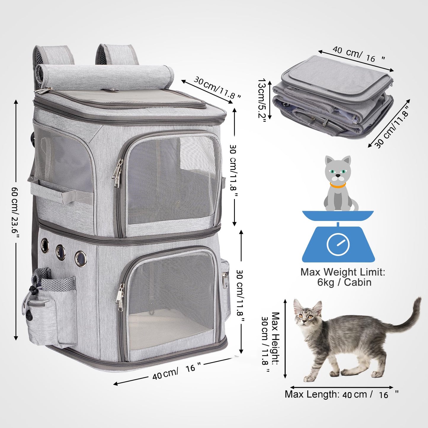 FASNATI Double-Compartment Pet Carrier Backpack, Cat Carrier Backpack for 2 Cats, Small Dogs, Perfect for Traveling/Hiking/Camping, Grey, XL