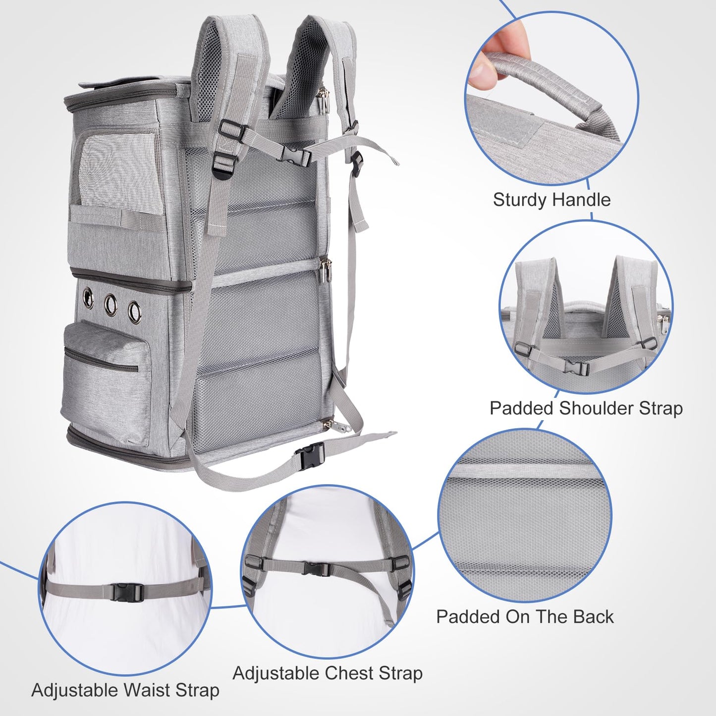 FASNATI Double-Compartment Pet Carrier Backpack, Cat Carrier Backpack for 2 Cats, Small Dogs, Perfect for Traveling/Hiking/Camping, Grey, XL