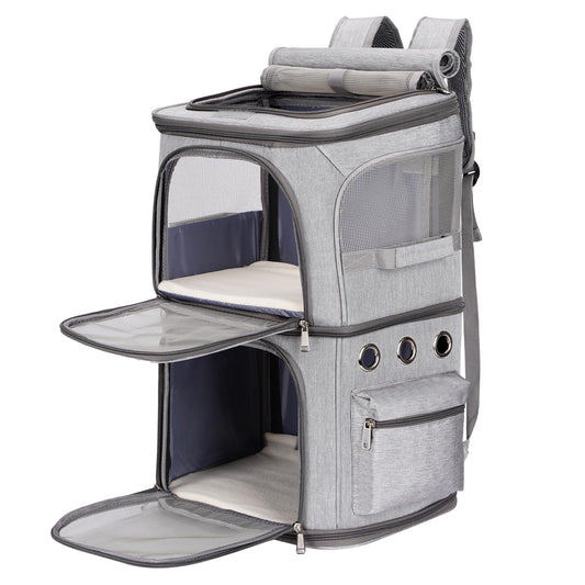 FASNATI Double-Compartment Pet Carrier Backpack, Cat Carrier Backpack for 2 Cats, Small Dogs, Perfect for Traveling/Hiking/Camping, Grey, XL