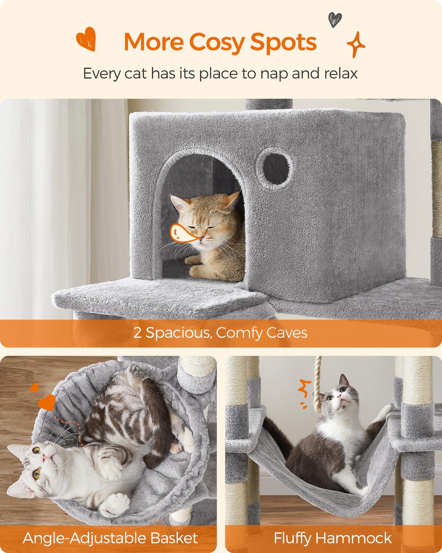 Trelsanopaws Large Cat Tree - 206 cm Tower with 13 Scratching Posts, Perches, Caves & Hammock (Light Grey)
