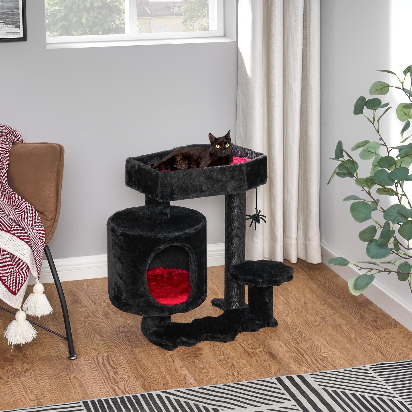 BEWISHOME Gothic Cat Tree With Coffin Bed, Goth Tower, Condo, Scratching Post, Spider Hanging Ball - Black Red Halloween Kitten Pet Furniture MMJ93R