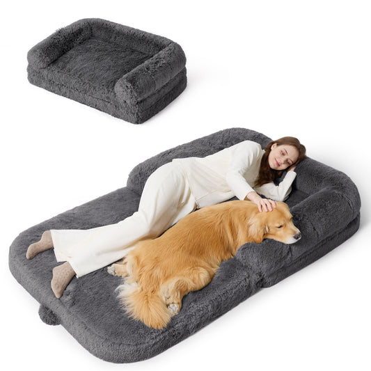 Trelsanopaws 2-in-1 Foldable Human Dog Bed - Orthopedic Faux Fur Sofa with Egg Foam & Waterproof Liner (180 x 104 cm, Dark Grey)